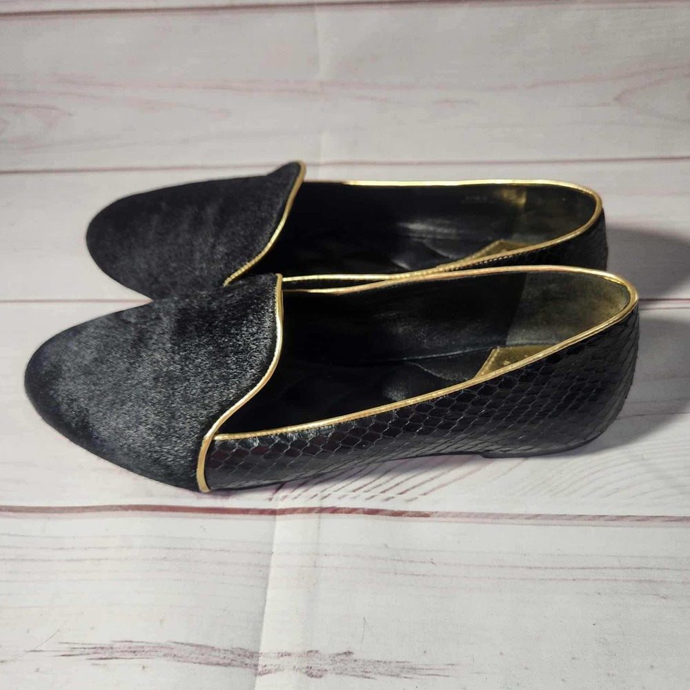 Brian Atwood Black Snakeskin Hair Texture Loafers Gold Trim Pointed‎ Toe Flats